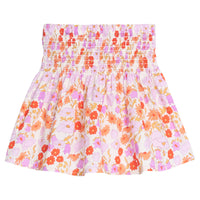 Girls/tween woven skort in a pink/orange floral print that features a ruching elastic detail at waist and built in shorts for a relaxed but secure fit.