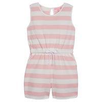 Girl/tween woven romper with pockets and elastic tie waistband with thick light pink and white stripes.