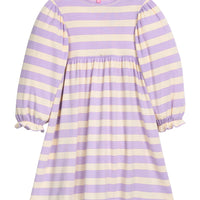 Purple and white striped knit dress that has elastic cuffs at sleeves for a relaxed fit.