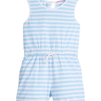 Girls/Tween knit romper in light blue/white stripe. Romper features a keyhole button closure at back , an elastic waistband, and pockets.