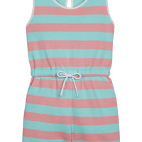 Girl/tween woven romper with pockets and elastic tie waistband with thick aqua and salmon colored stripes.