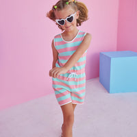 Salmon and aqua striped polo pique romper for girls