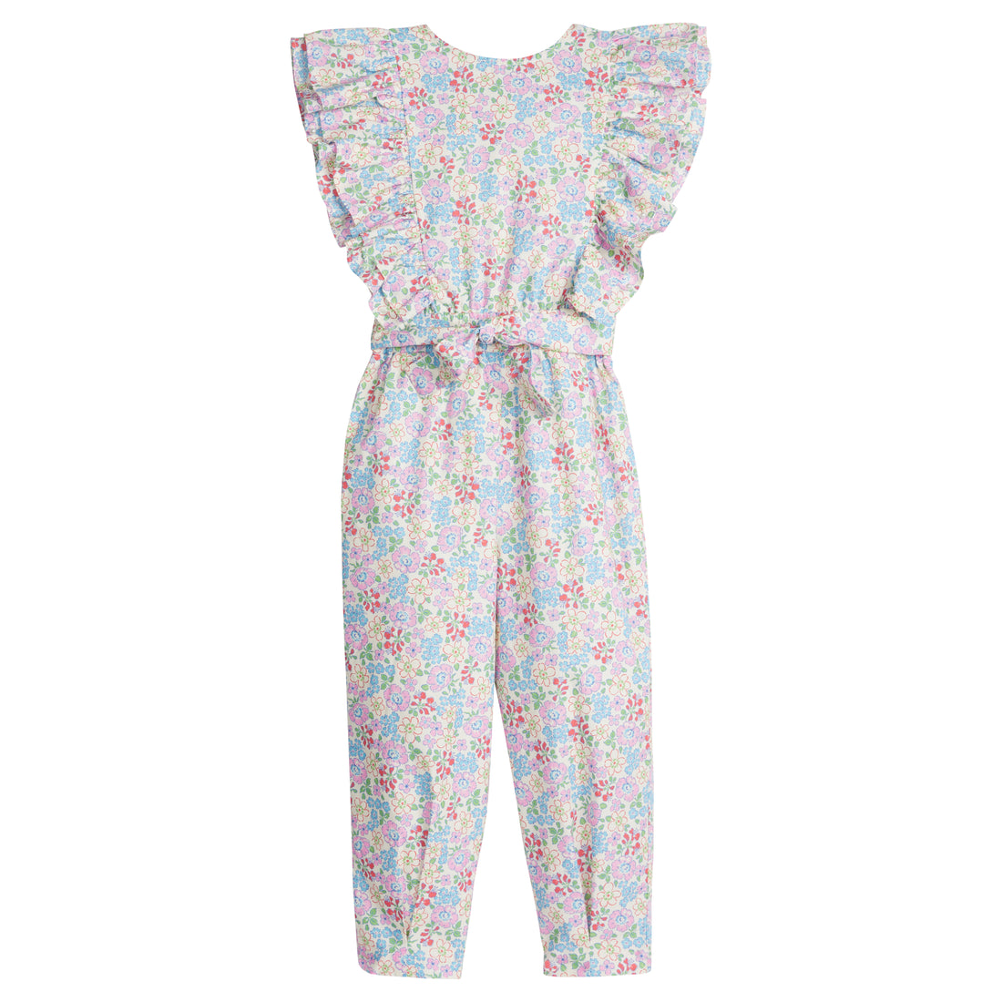 Girls/Tween woven jumpsuit that features ruffle detail along the front/sleeves, pockets, and a front tie with an open back. Jumpsuit has a beautiful pale yellow/pink/green/blue floral pattern and is a lightweight woven material for ultimate comfort.