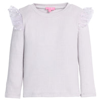 Light gray ribbed long-sleeve top with tulle with silver stars on the shoulders.