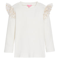 Girls/Tween top in our Sparkle Stars which features a ribbed knit material and tulle angel sleeves with gold stars at top of long sleeves. Material is a thicker ribbed knit material for a super soft and comfy feel-BISBY