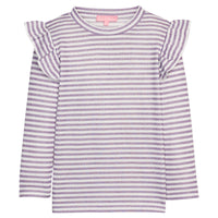 Girls/tween sparkly purple and white striped long-sleeve top with ruffled angel sleeve shoulder detail.