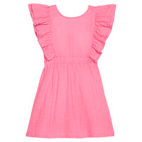 BISBY girl woven hot pink embroidered dress. Dress features angel sleeves, elastic waistband, and elastic strap at back for a secure but relaxed fit.