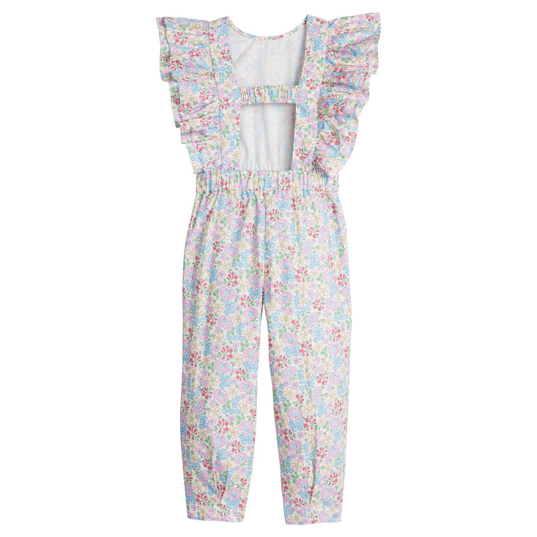 Girls/Tween woven jumpsuit that features ruffle detail along the front/sleeves, pockets, and a front tie with an open back. Jumpsuit has a beautiful pale yellow/pink/green/blue floral pattern and is a lightweight woven material for ultimate comfort.