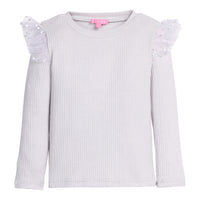 Light gray ribbed long-sleeve top with tulle with silver stars on the shoulders.
