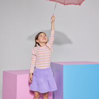 Girls/Tween corduroy skort in lilac which features built in shorts, and elastic waistband, and is made of a super soft/stretchy corduroy material for a comfy relaxed fit. Pair it back with our long sleeve/angel sleeve knit top in pastel stripes to complete the look.