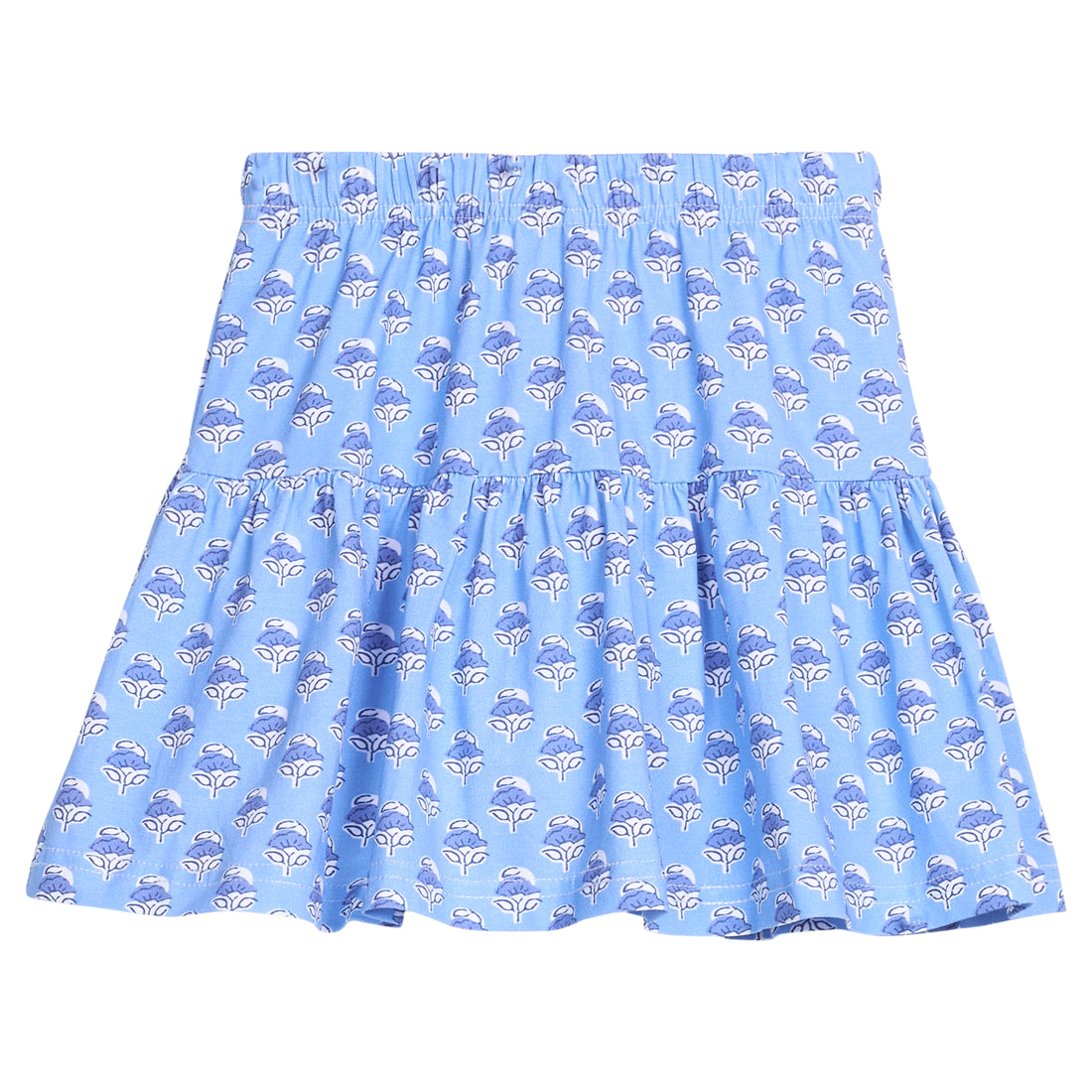 Girls/tween blue floral print knit skort that features an elastic waistband and built in shorts for a secure but relaxed fit.