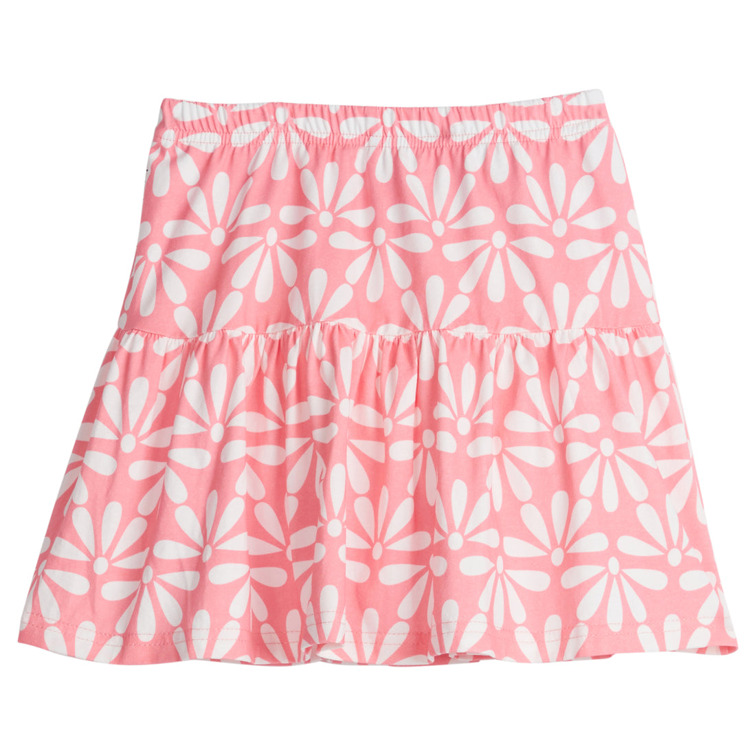 Girls/Tween knit skort in a salmon/pink and white floral pattern. Skort has built in shorts for a secure but comfy fit.