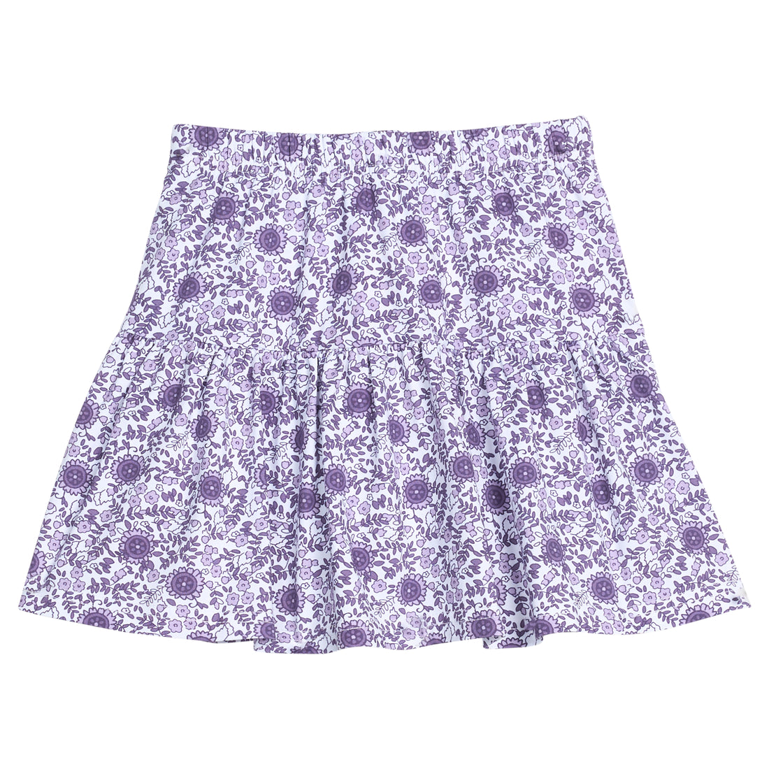 Girls/tween purple floral print knit skort that features an elastic waistband and built in shorts for a secure but relaxed fit.