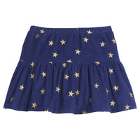 Girls/Tween skort in our Shoot For the Stars pattern which has gold stars printed on a navy background. Material is made from a lightweight corduroy fabric, has an elastic waistband, and built in shorts for a comfy and relaxed fit-BISBY