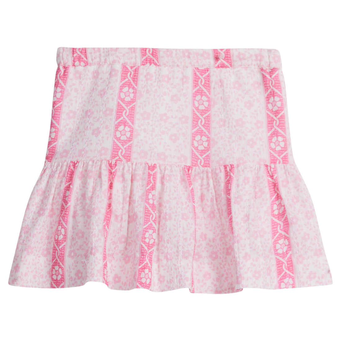 Girls/Tween woven skort with hot pink/light pink/white floral pattern. Skort has an elastic waistband and built in shorts for a secure but comfy fit.