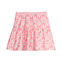 Girls/Tween knit skort in a salmon/pink and white floral pattern. Skort has built in shorts for a secure but comfy fit.