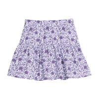 Girls/tween purple floral print knit skort that features an elastic waistband and built in shorts for a secure but relaxed fit.