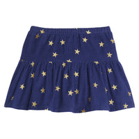 Girls/Tween skort in our Shoot For the Stars pattern which has gold stars printed on a navy background. Material is made from a lightweight corduroy fabric, has an elastic waistband, and built in shorts for a comfy and relaxed fit-BISBY