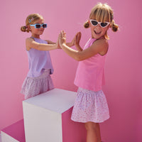 BISBY girls rocking our new Shirred Circle Skirts in our Pink and Purple Daisy patterns. The skirts have ruching along the waist for a stretchy comfortable feel and pair perfectly back with our Halter Tops in Lavender or Pink.