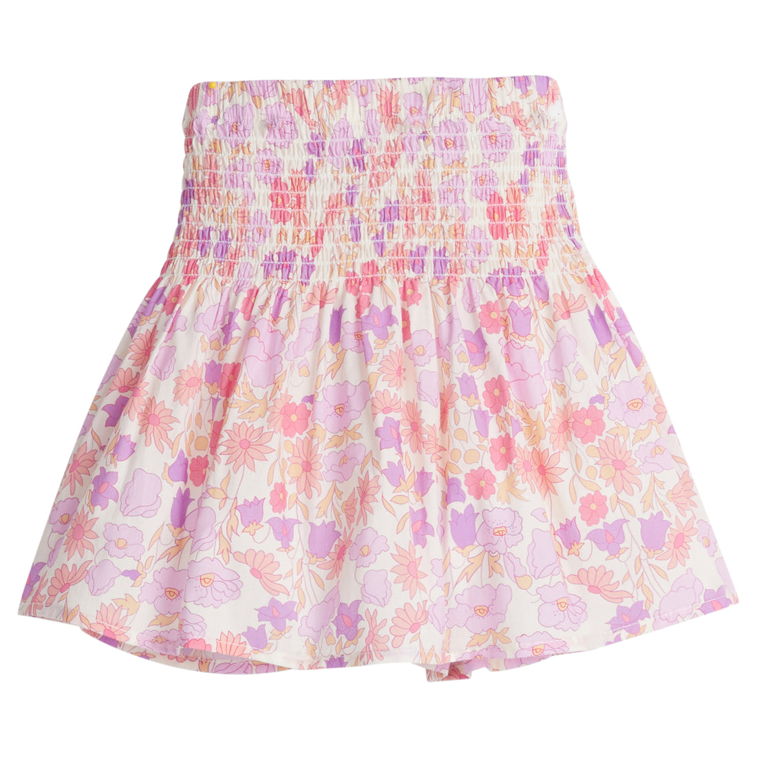 Girls/Tween woven skirt with ruching across top half in a lavender/coral/pink floral print.