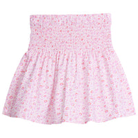 Tween skirt with ruching across top half, covered in light pink and hot pink daisies.