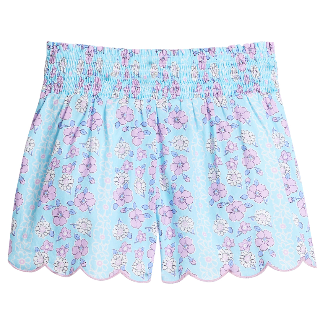 Girls/Tween woven shorts in an aqua and purple floral pattern. Shorts feature ruching/stretchy elastic waistband and also has a nice scalloped detail along bottom for a flowy look.