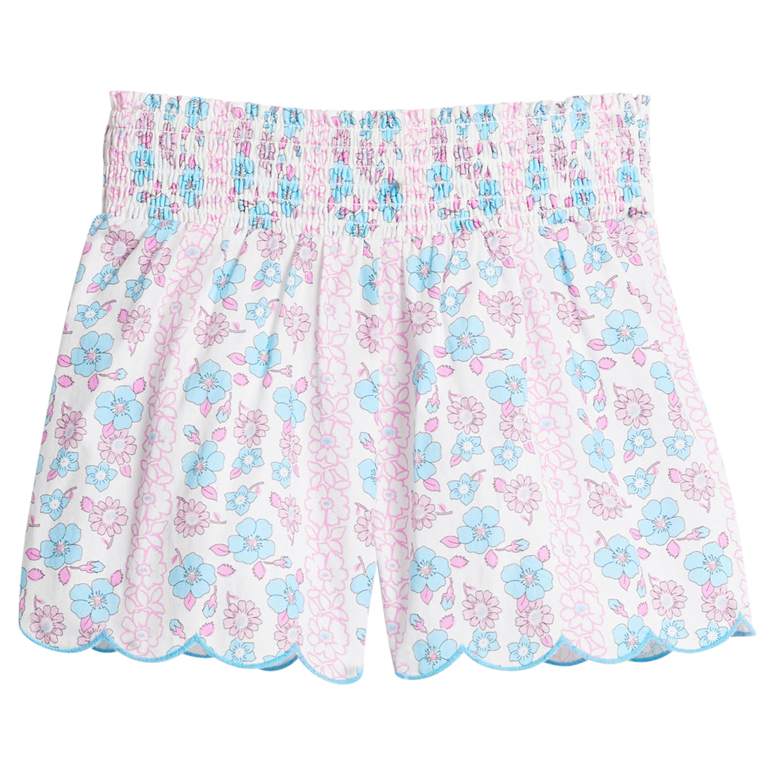 Girls/Tween woven shorts in an aqua and hot pink floral pattern. Shorts feature ruching/stretchy elastic waistband and also has a nice scalloped detail along bottom for a flowy look.