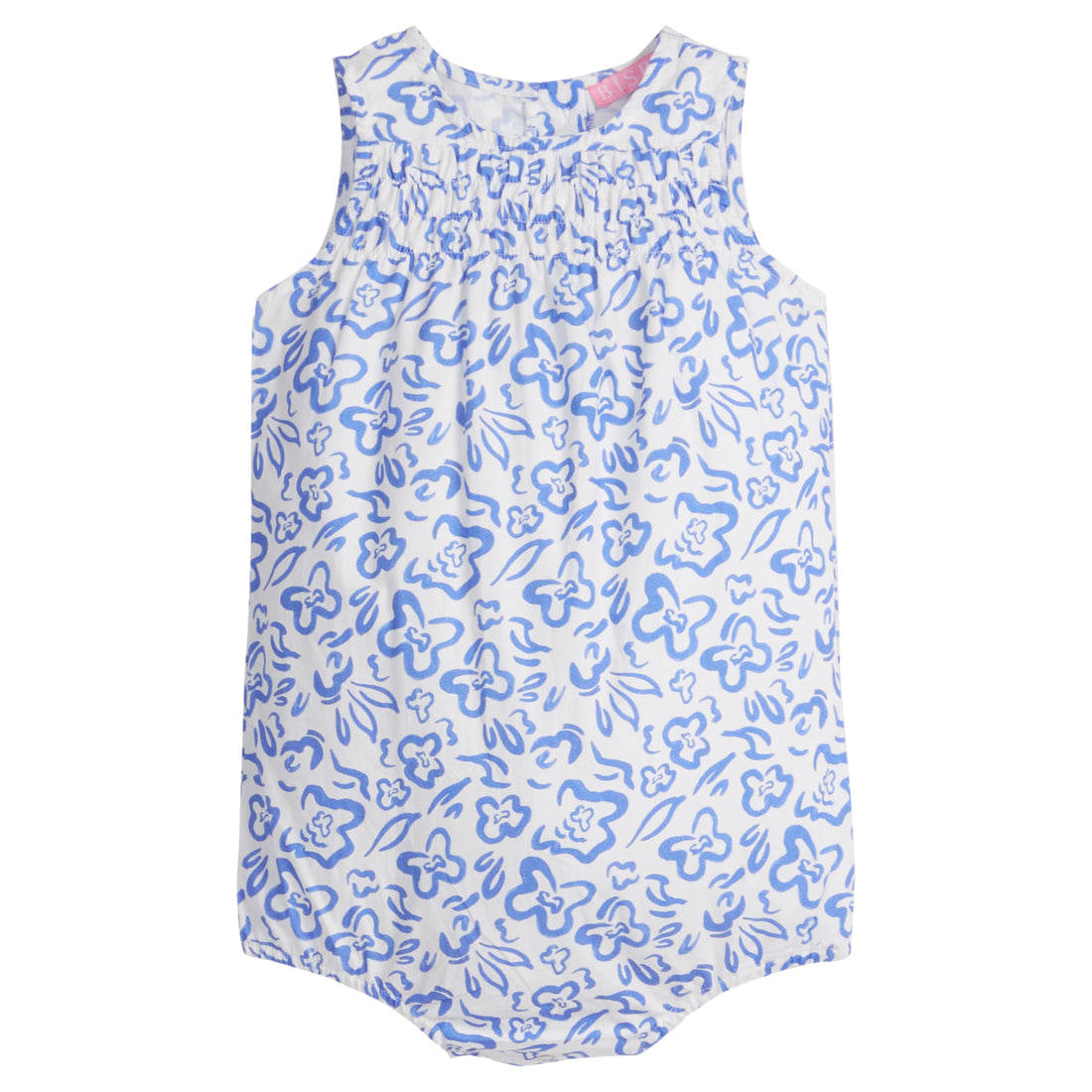 Baby girl woven bubble in a blue and white floral print. Bubble features button closure along back and stride for a secure but relaxed fit.
