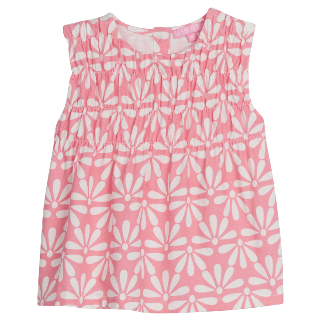 Girls/Tween sleeveless woven top in a salmon/pink and white floral print. Top features ruching at the bust and fans out for a relaxed comfy fit.