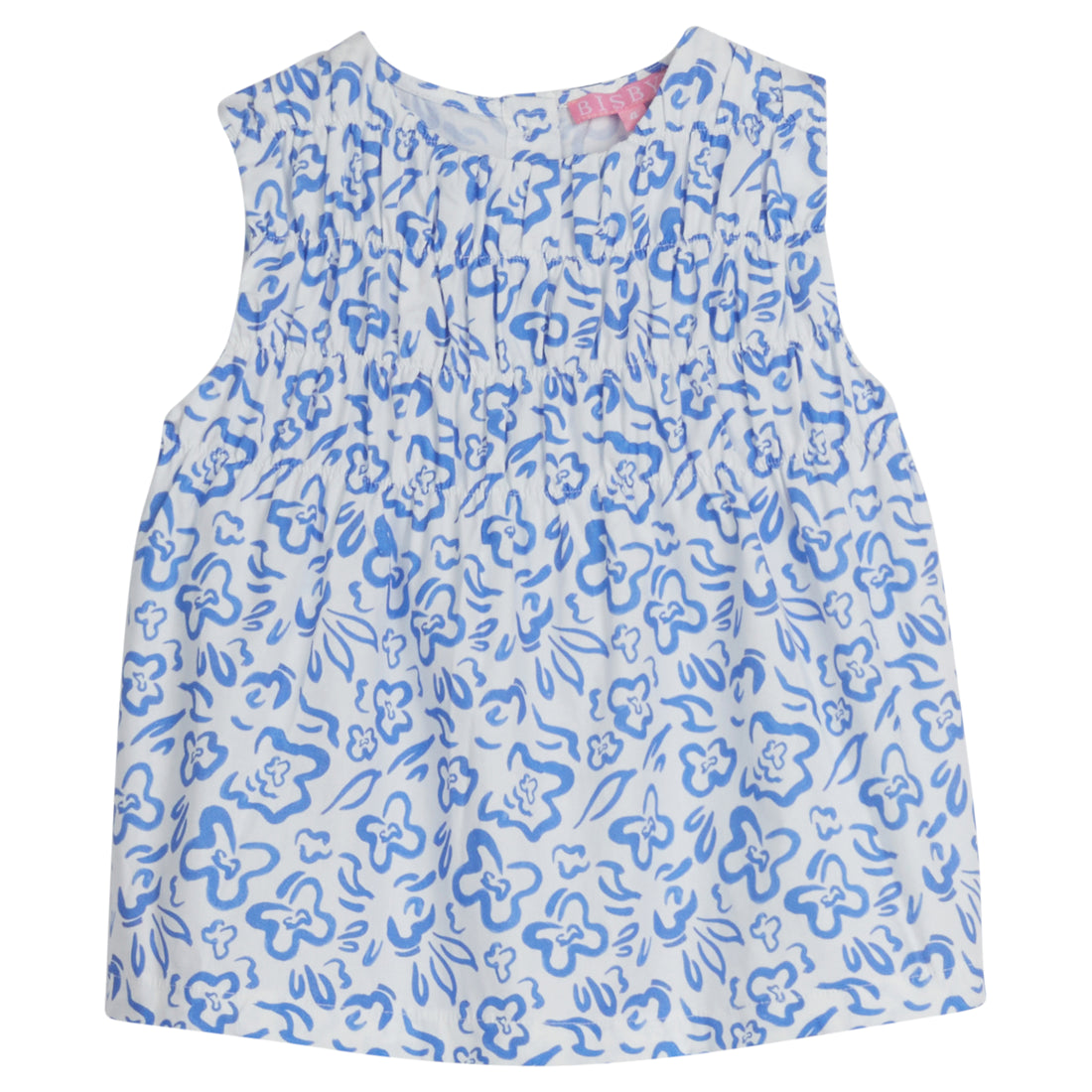 Girls/Tween sleeveless woven top in a blue and white floral print. Top features ruching at the bust and fans out for a relaxed comfy fit.