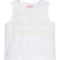 BISBY girl knit white tank top. Top features a lace strip detail across bust of shirt for an elevated look.