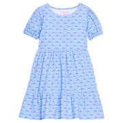 Girls/tween blue floral knit short sleeve dress that features elastic cuffs at sleeves and tier details to elevate the look.