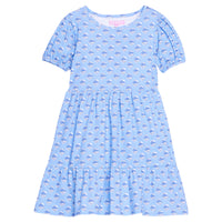 Girls/tween blue floral knit short sleeve dress that features elastic cuffs at sleeves and tier details to elevate the look.