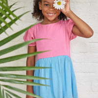 Girls tiered multi color block dress for trendy tweens by BISBY orange blue pink