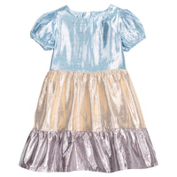 Girls/tween metallic woven short sleeve dress that features button closure at back of dress and blue/gold/purple metallic tiers to elevate the dress.
