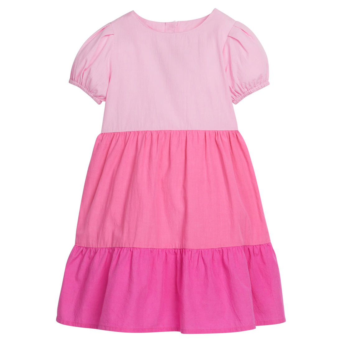 Girls/Tween color block woven dress with the top section in a light pink, middle tier in a pink color, and the bottom tier in a hot pink color.