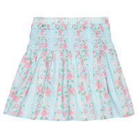 BISBY girl woven skirt in a blue/pink/white floral. Skirt features a smocked waistband for a relaxed but secure fit.