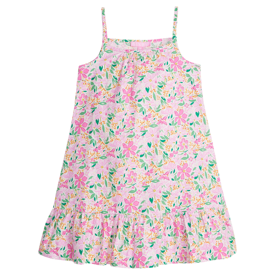 Girls/Tween woven dress with thin straps in a hot pink/yellow/white floral pattern. Dress is made up of a lightweight woven material for a comfy fit.