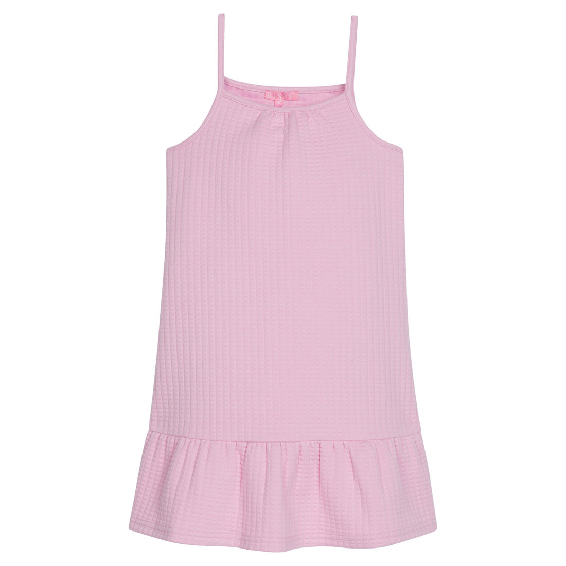 Girl/tween dress with thin stretchy straps and a waffle knit pattern, all in a solid light pink color.