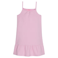Girl/tween dress with thin stretchy straps and a waffle knit pattern, all in a solid light pink color.