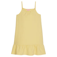 Girl/tween dress with thin stretchy straps and a waffle knit pattern, all in a solid light yellow color.