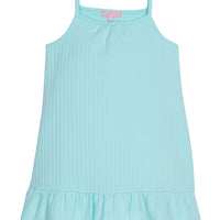Girl/tween dress with thin stretchy straps and a waffle knit pattern, all in a solid aqua color.