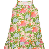 BISBY girl woven dress in a green/orange/pink/light blue. Dress features thin straps and bottom tier feature for an elevated look.