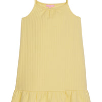 Girl/tween dress with thin stretchy straps and a waffle knit pattern, all in a solid light yellow color.