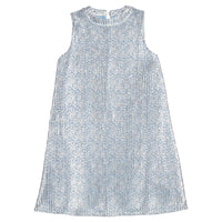 Girls/tween light blue sleeveless crinkle dress with silver stars print that features a button closure at top of back of neckline for a secure but relaxed fit.