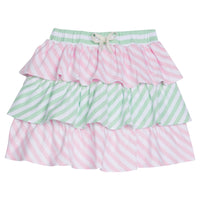Tiered skort with built in shorts with elastic green and white stripe waistband and faux tie. Top and bottom tier have light pink and white stripe and green and white stripes in the middle tier.