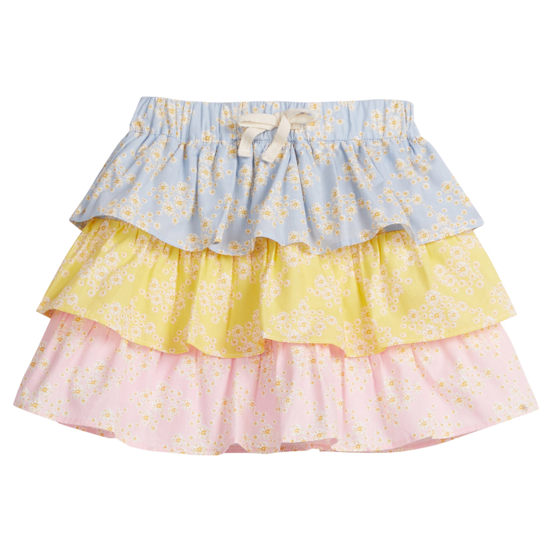 Girls/Tween woven three tiered skort in a blue/pink/yellow floral pattern. Skort features each tier with a different color arrangement, elastic waistband, built in shorts, and fixed ties for a relaxed but secure fit.