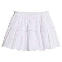 Girls/Tween woven white seersucker two tiered skort. Skort features an elastic waistband and has built in shorts underneath for a relaxed but secure fit.