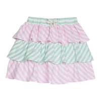 Tiered skort with built in shorts with elastic green and white stripe waistband and faux tie. Top and bottom tier have light pink and white stripe and green and white stripes in the middle tier.