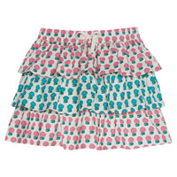 Tiered skort with built in shorts with elastic waistband and faux tie. Has pink floral pattern on bottom and top tier and a turquoise floral pattern in middle tier.